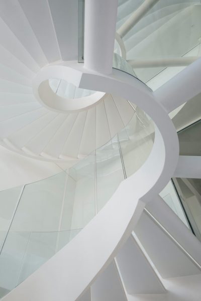 STEEL AND GLASS SPIRAL STAIRS